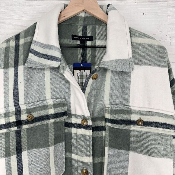 NWT Banana Republic Shirt Jacket Women L Green Plaid Flannel Shacket Oversized - Picture 3 of 16